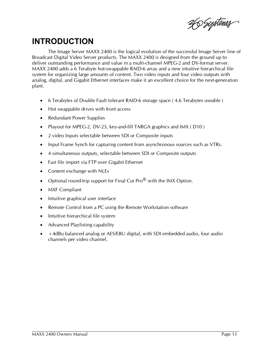 Introduction | 360 Systems MAXX-2400SD User Manual | Page 13 / 146