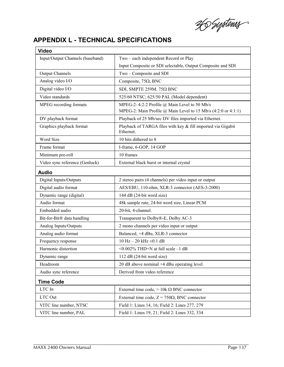 Appendix l - technical specifications | 360 Systems MAXX-2400SD User Manual | Page 137 / 146