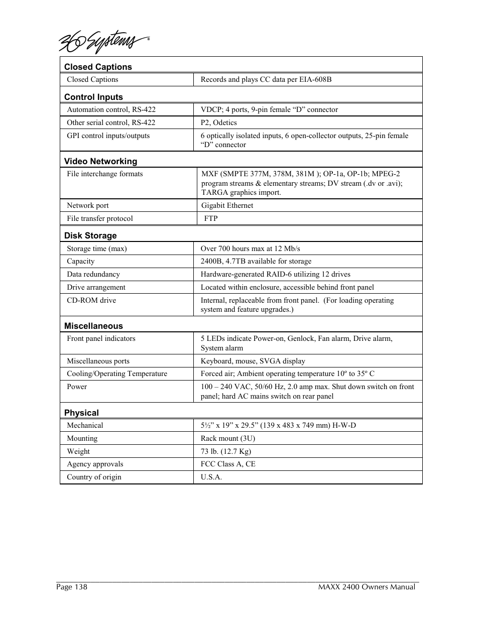 360 Systems MAXX-2400SD User Manual | Page 138 / 146