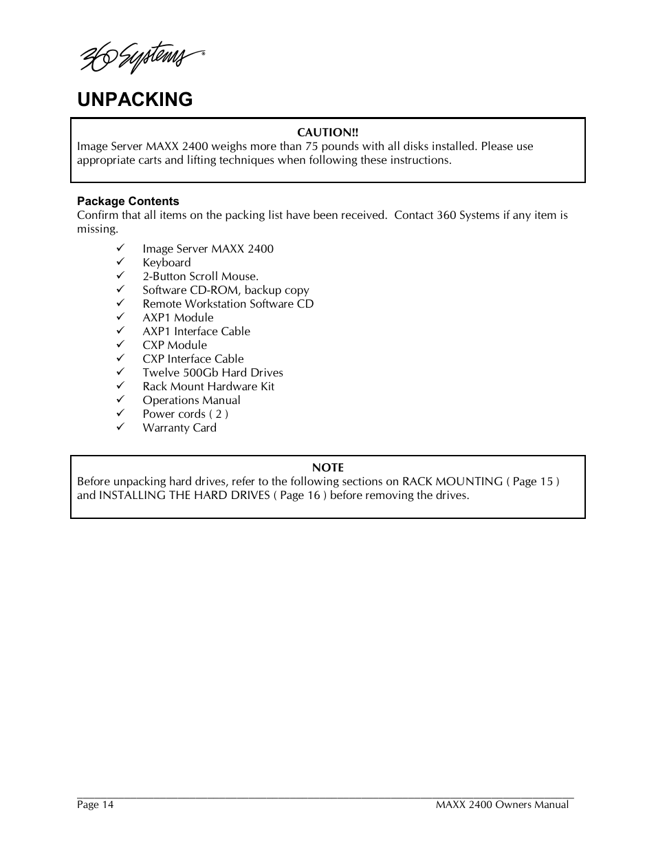 Unpacking | 360 Systems MAXX-2400SD User Manual | Page 14 / 146