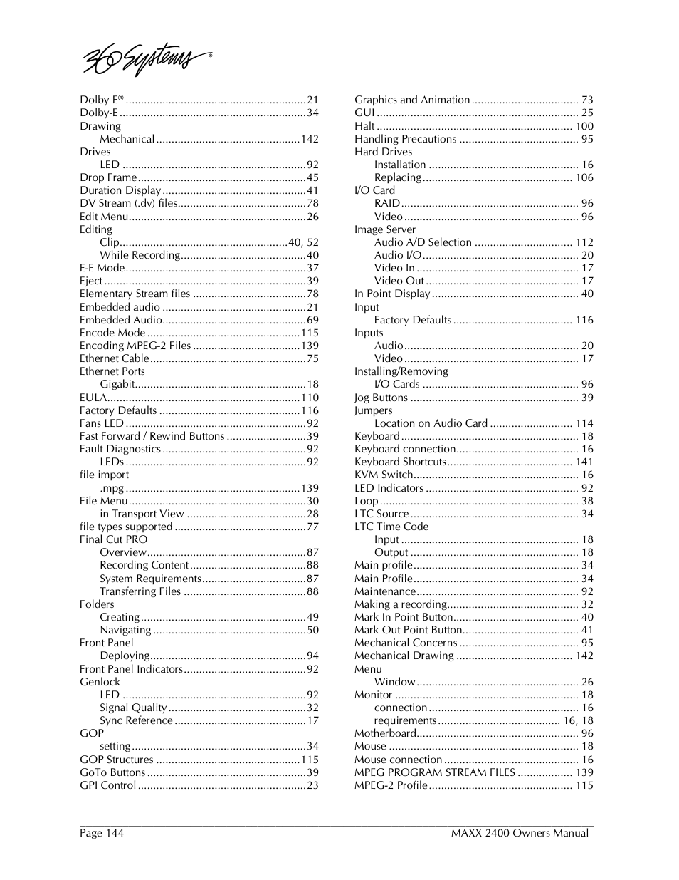 360 Systems MAXX-2400SD User Manual | Page 144 / 146