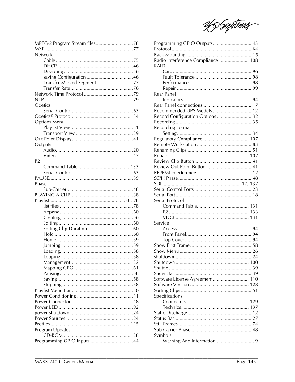 360 Systems MAXX-2400SD User Manual | Page 145 / 146