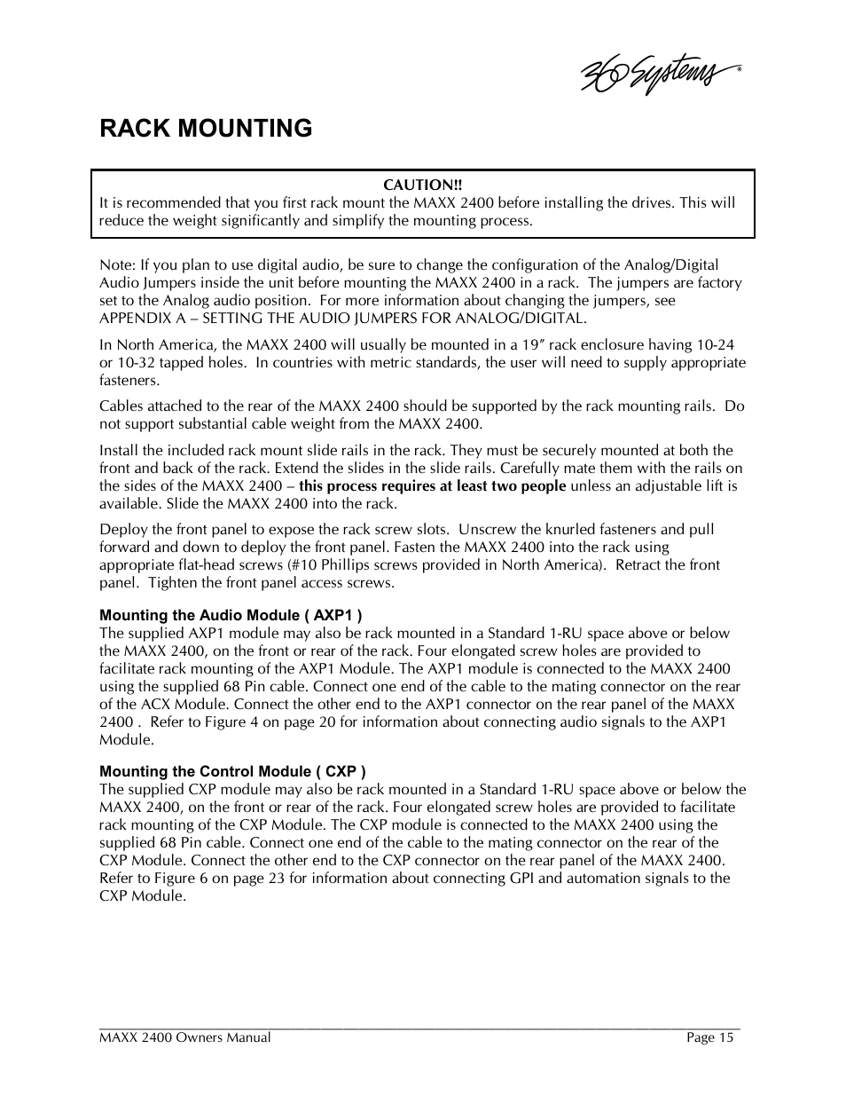 Rack mounting | 360 Systems MAXX-2400SD User Manual | Page 15 / 146