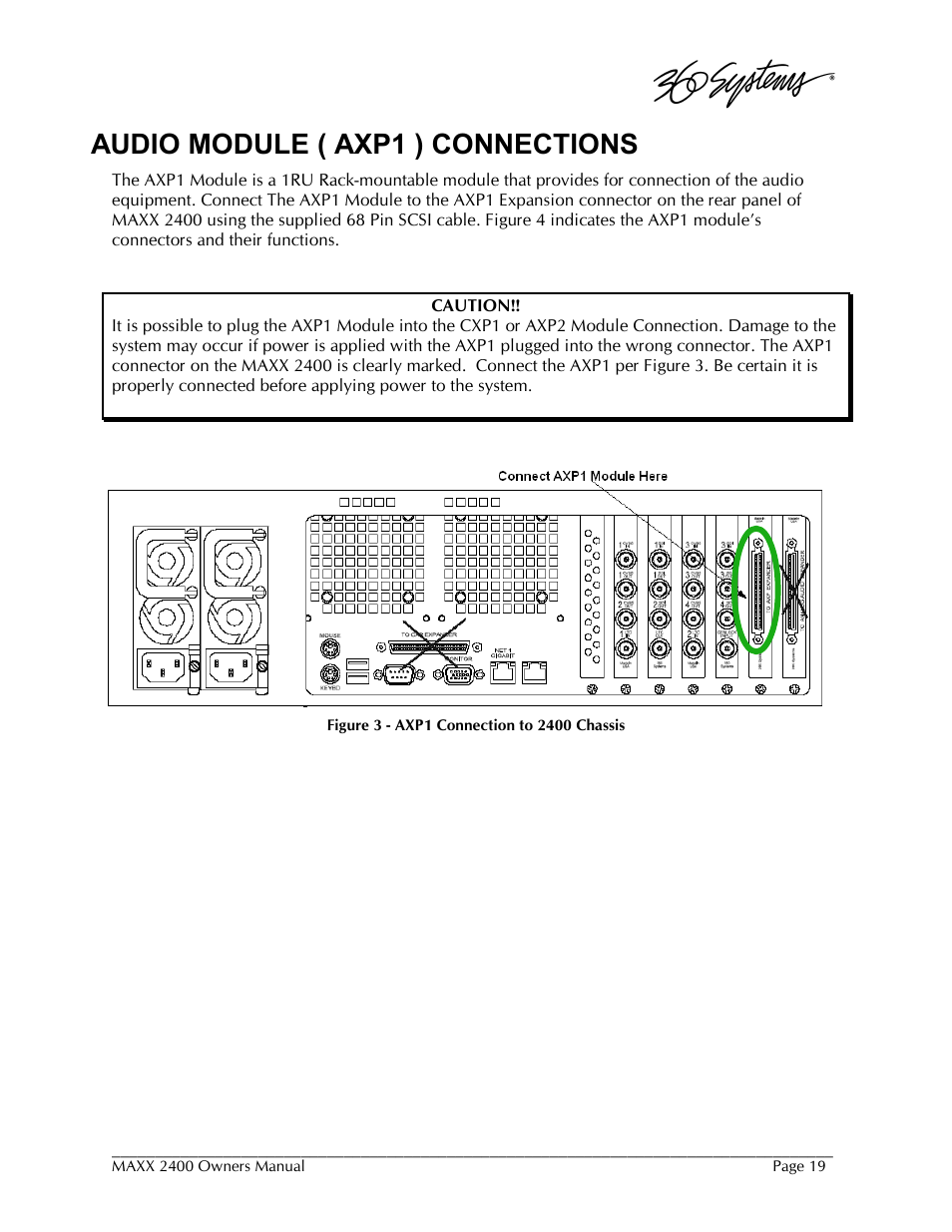 Audio module ( axp1 ) connections | 360 Systems MAXX-2400SD User Manual | Page 19 / 146