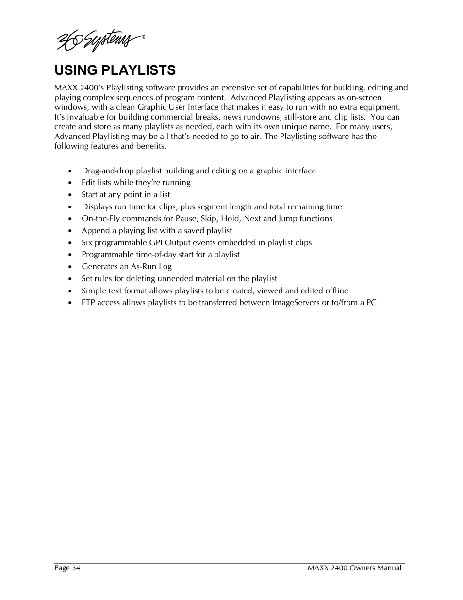 Using playlists | 360 Systems MAXX-2400SD User Manual | Page 54 / 146