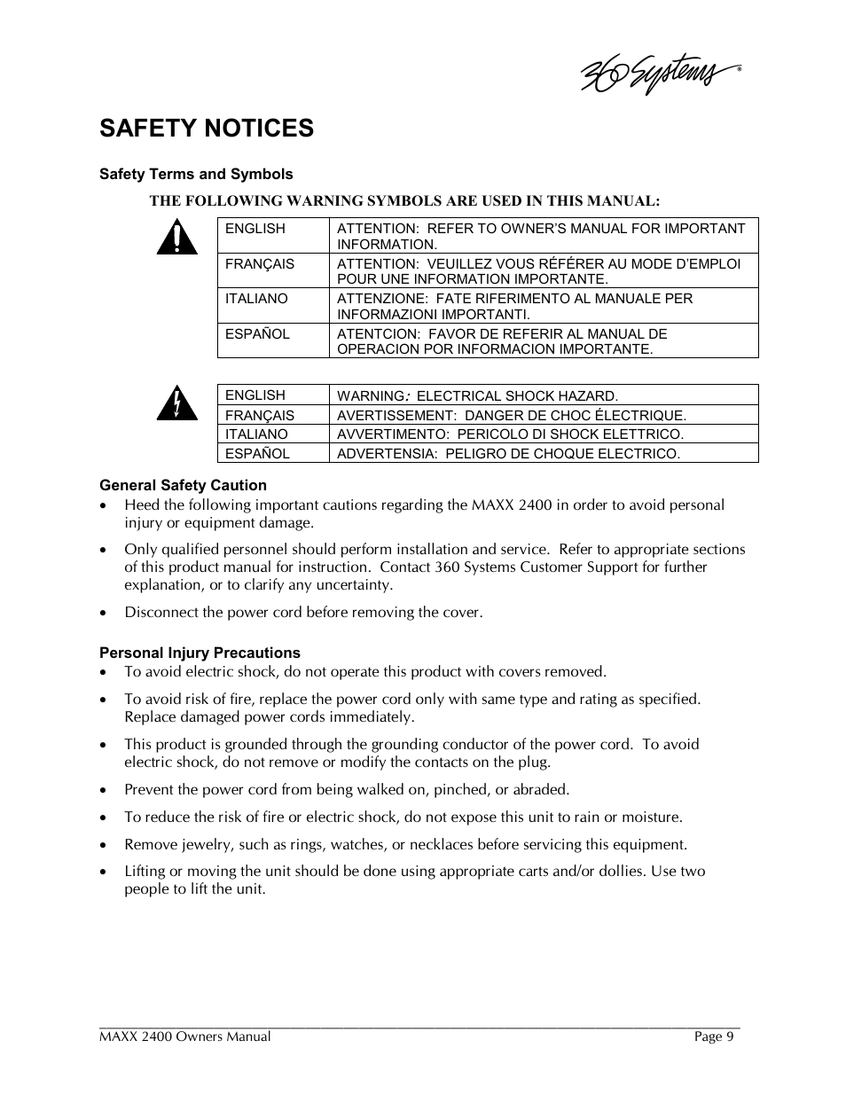 Safety notices | 360 Systems MAXX-2400SD User Manual | Page 9 / 146