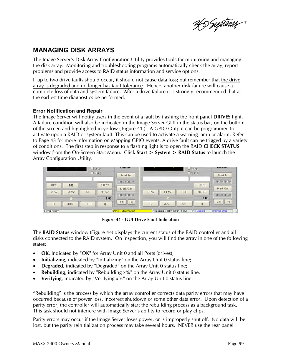 Managing disk arrays | 360 Systems MAXX-2400SD User Manual | Page 99 / 146