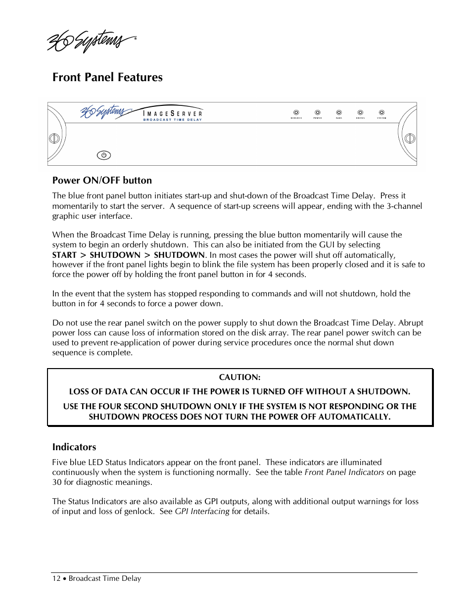 Front panel features | 360 Systems 2470SD Time Delay User Manual | Page 12 / 53