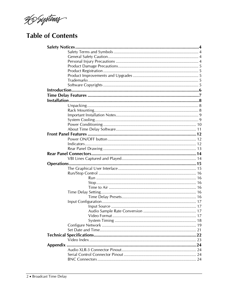 360 Systems 2470SD Time Delay User Manual | Page 2 / 53