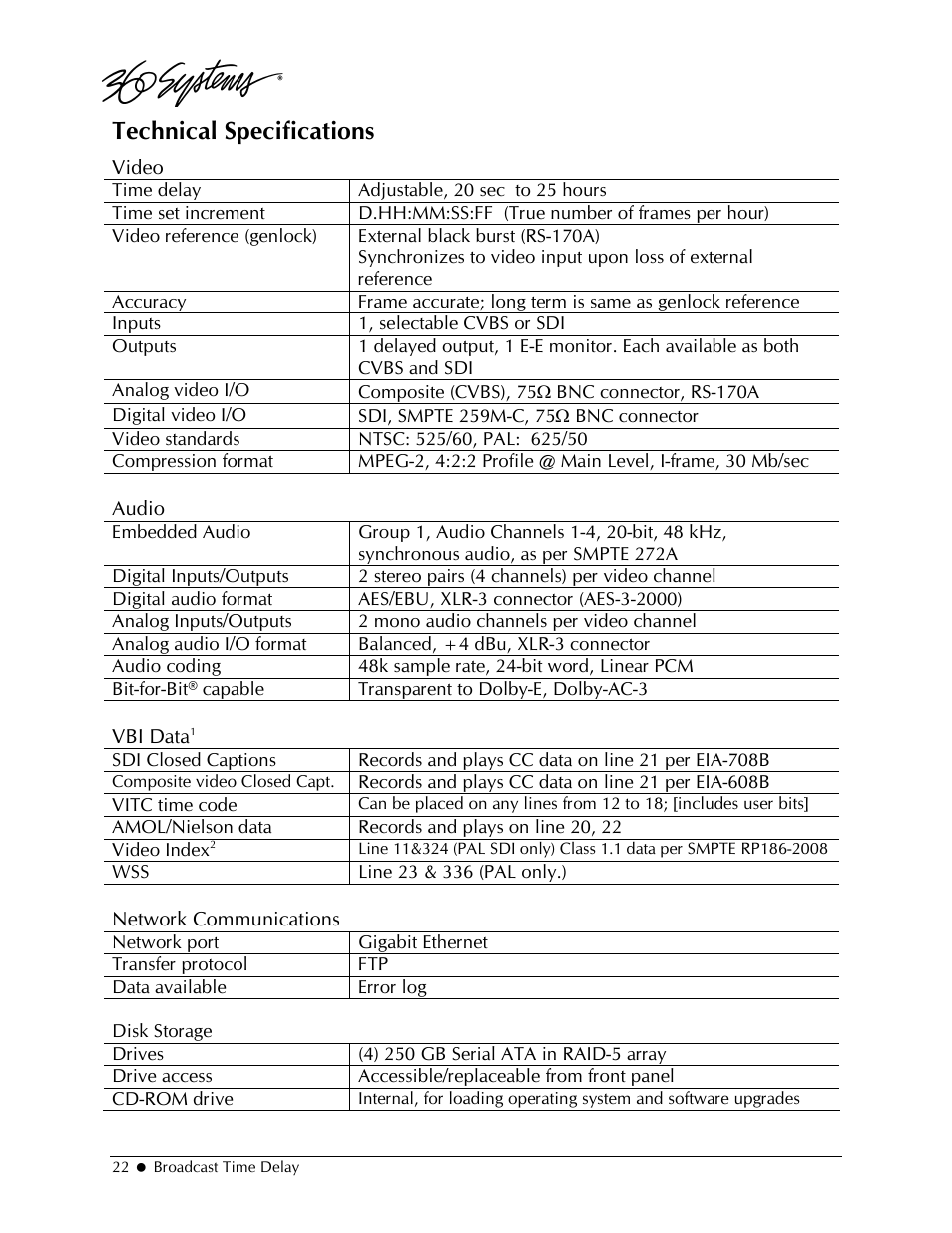 Technical specifications | 360 Systems 2470SD Time Delay User Manual | Page 22 / 53