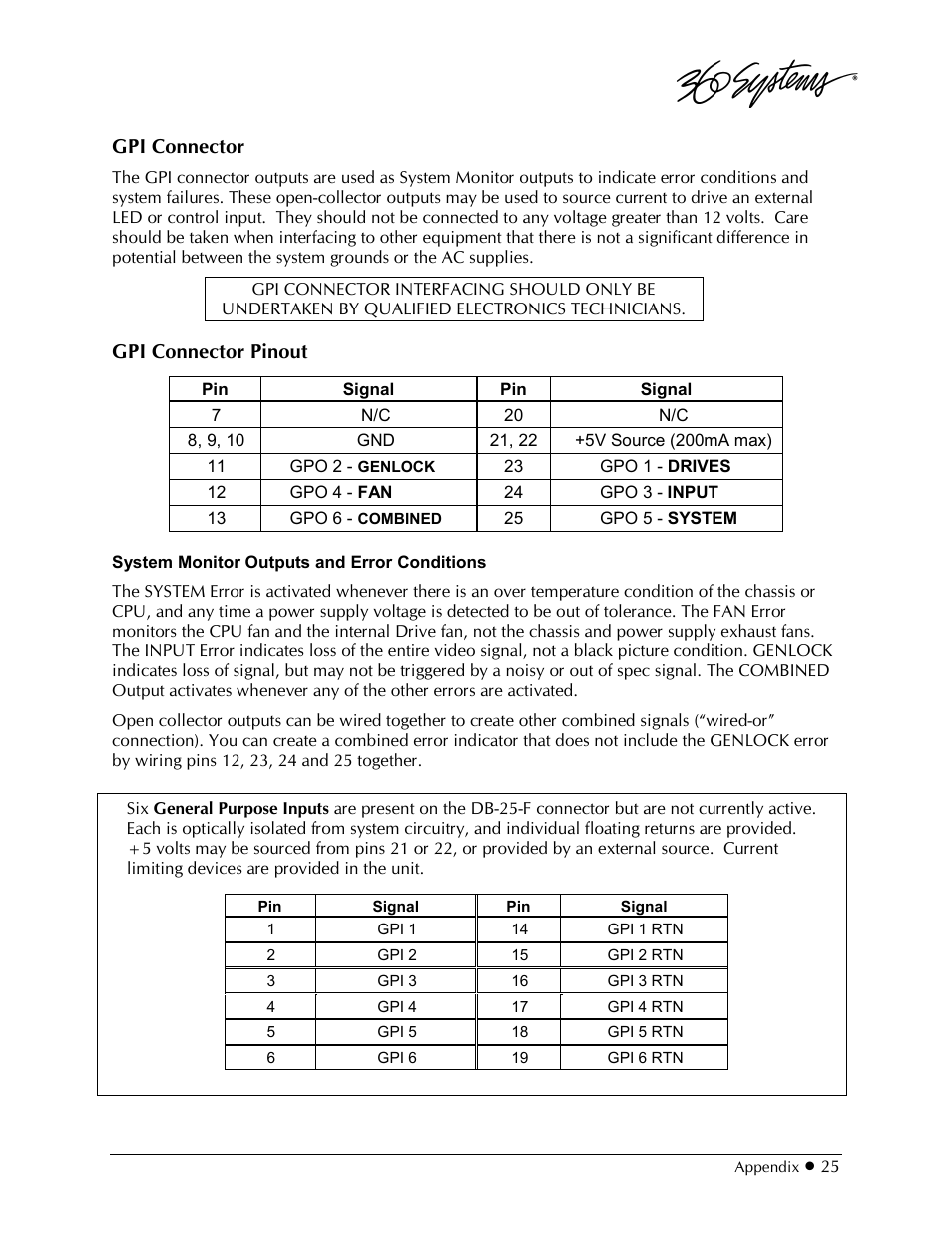 Gpi connector, Gpi connector pinout | 360 Systems 2470SD Time Delay User Manual | Page 25 / 53