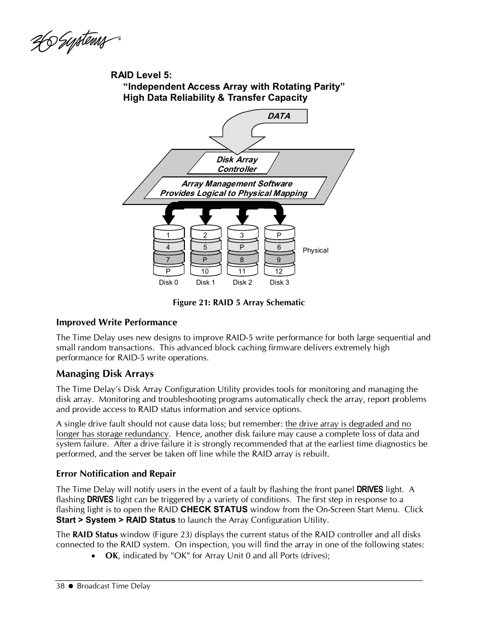 Managing disk arrays | 360 Systems 2470SD Time Delay User Manual | Page 38 / 53
