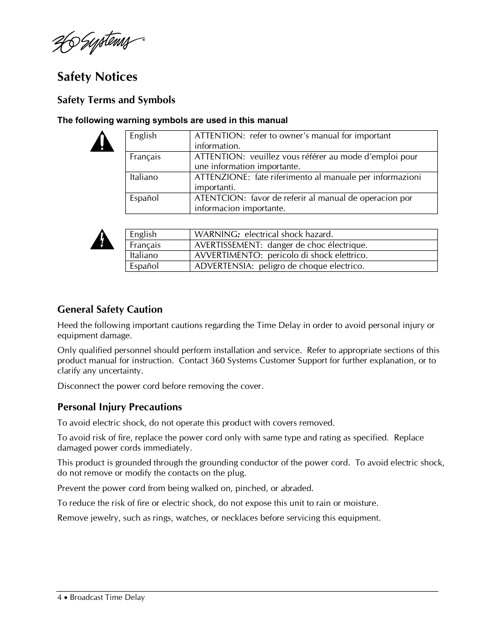 Safety notices | 360 Systems 2470SD Time Delay User Manual | Page 4 / 53