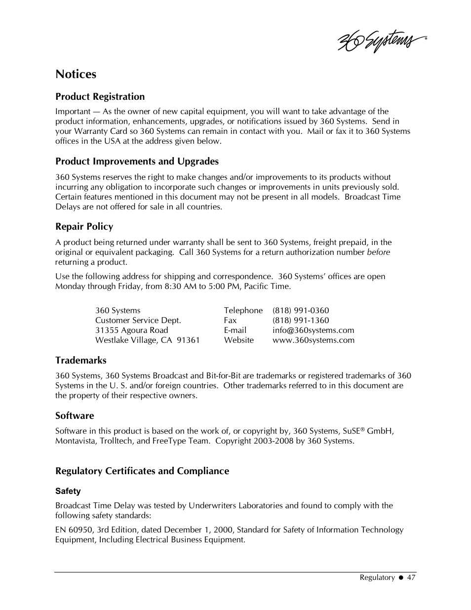 Notices | 360 Systems 2470SD Time Delay User Manual | Page 47 / 53