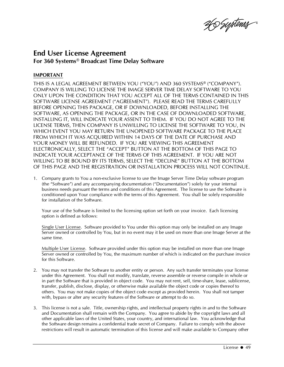 End user license agreement, For 360 systems® broadcast time delay software | 360 Systems 2470SD Time Delay User Manual | Page 49 / 53