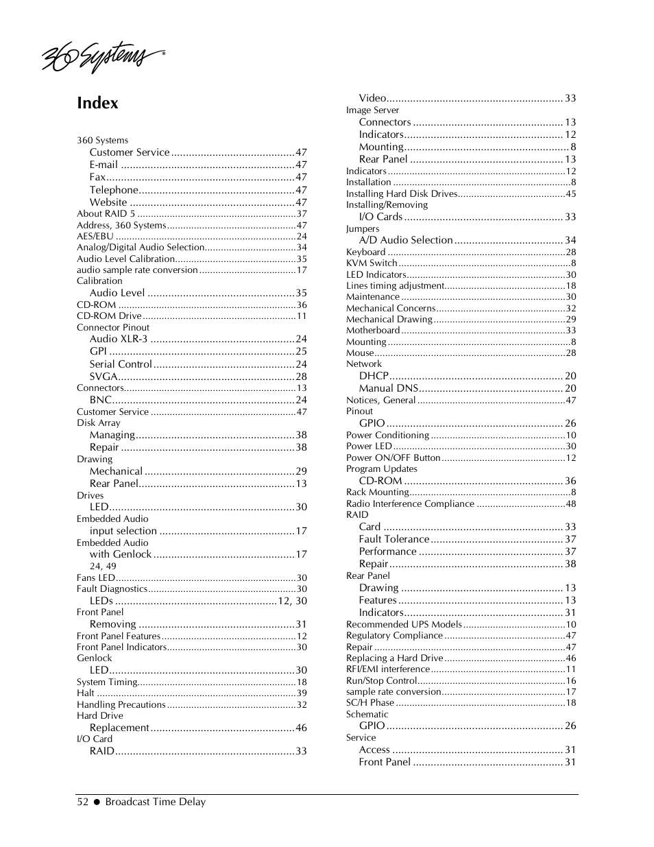 Index | 360 Systems 2470SD Time Delay User Manual | Page 52 / 53