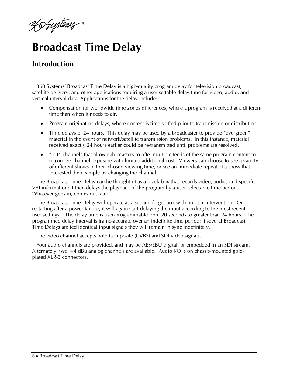 Broadcast time delay, Introduction | 360 Systems 2470SD Time Delay User Manual | Page 6 / 53