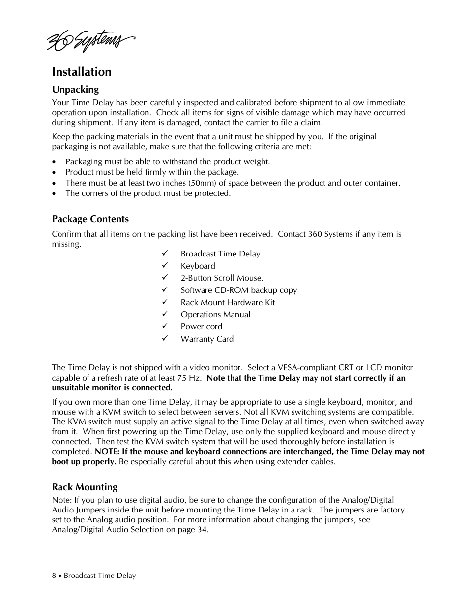 Installation | 360 Systems 2470SD Time Delay User Manual | Page 8 / 53