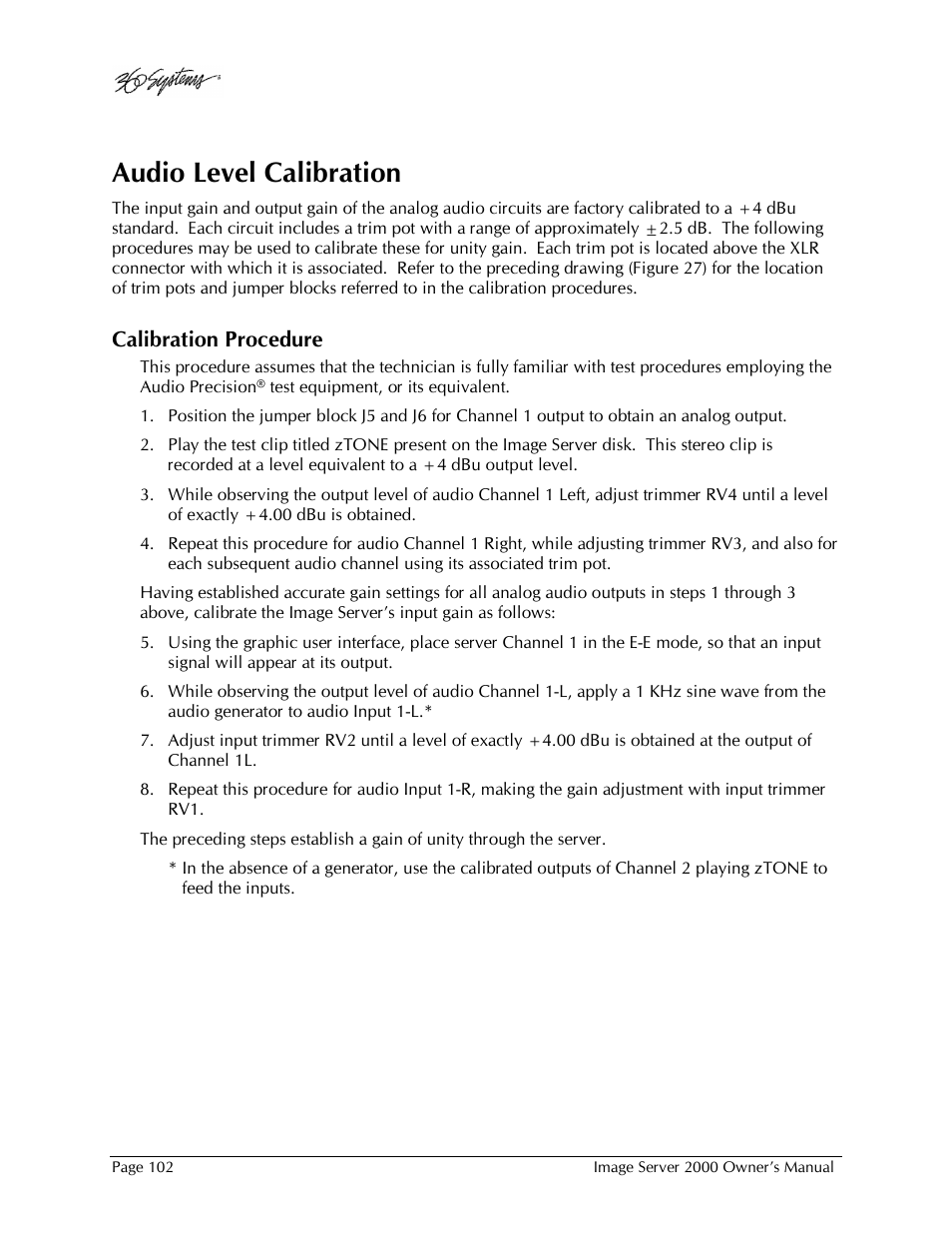 Audio level calibration, Calibration procedure | 360 Systems Image Server 2000 User Manual | Page 102 / 135