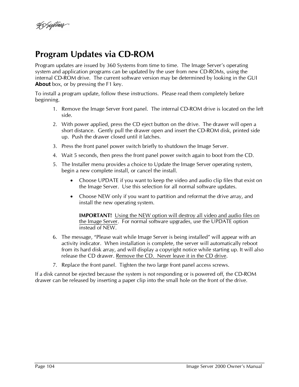 Program updates via cd-rom | 360 Systems Image Server 2000 User Manual | Page 104 / 135