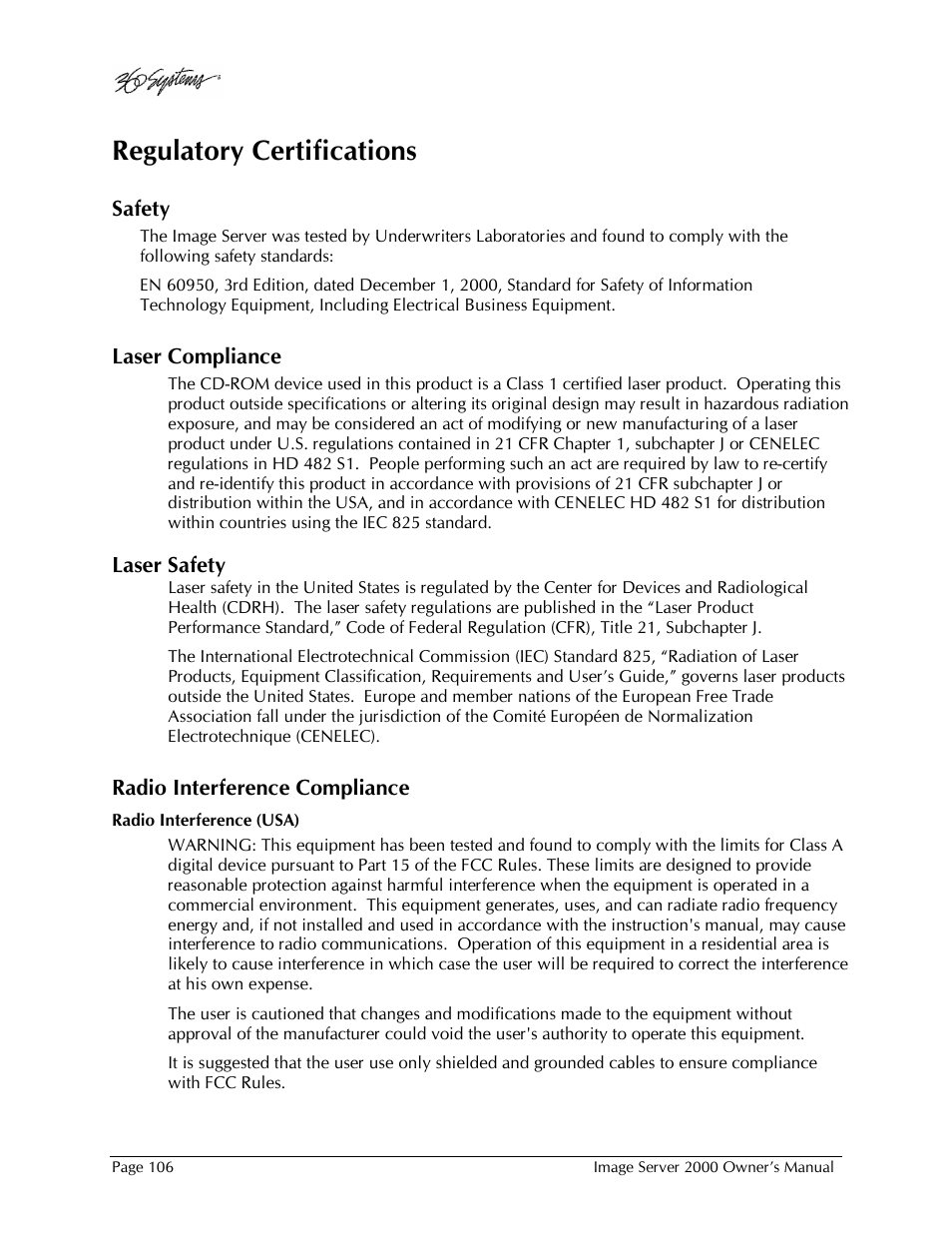 Regulatory certifications | 360 Systems Image Server 2000 User Manual | Page 106 / 135