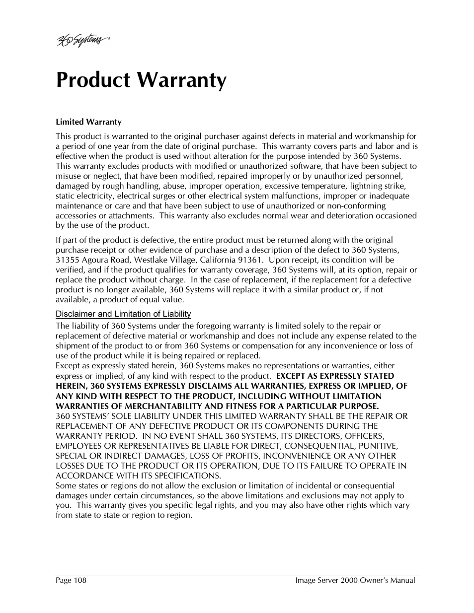 Product warranty | 360 Systems Image Server 2000 User Manual | Page 108 / 135