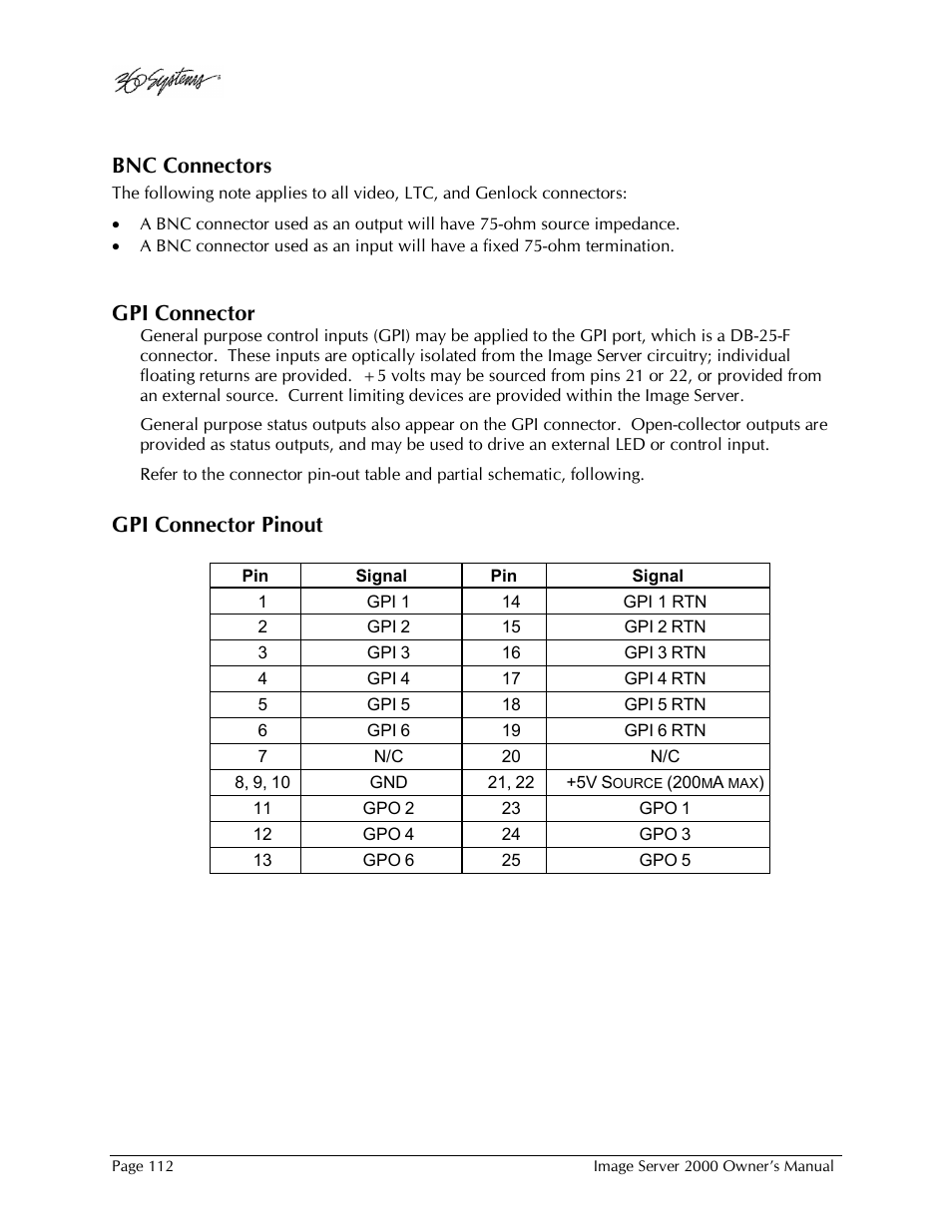 Bnc connectors, Gpi connector, Gpi connector pinout | 360 Systems Image Server 2000 User Manual | Page 112 / 135