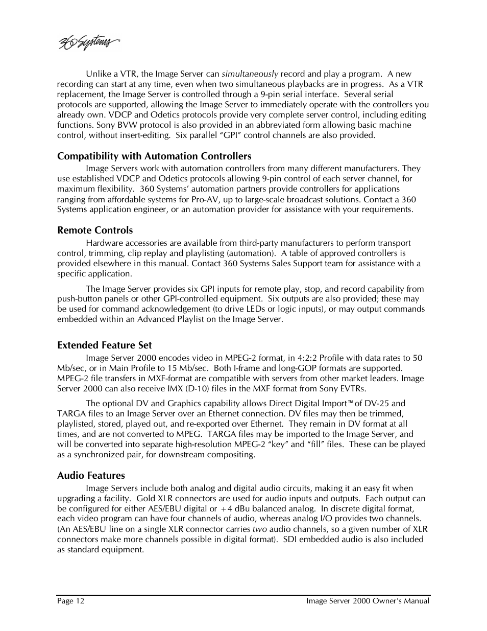 360 Systems Image Server 2000 User Manual | Page 12 / 135