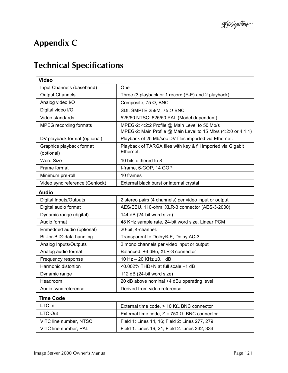 Appendix c technical specifications | 360 Systems Image Server 2000 User Manual | Page 121 / 135