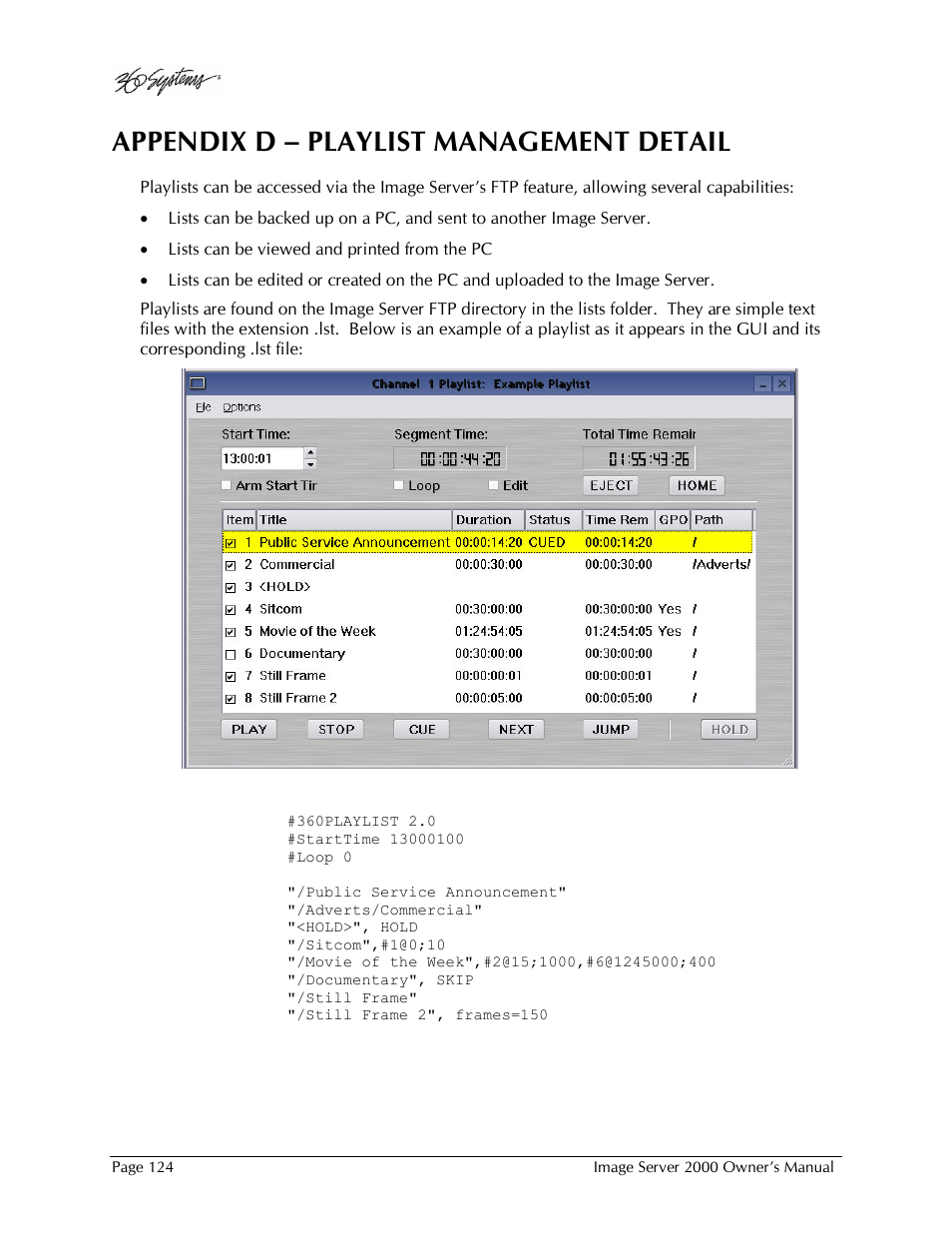 Appendix d – playlist management detail | 360 Systems Image Server 2000 User Manual | Page 124 / 135