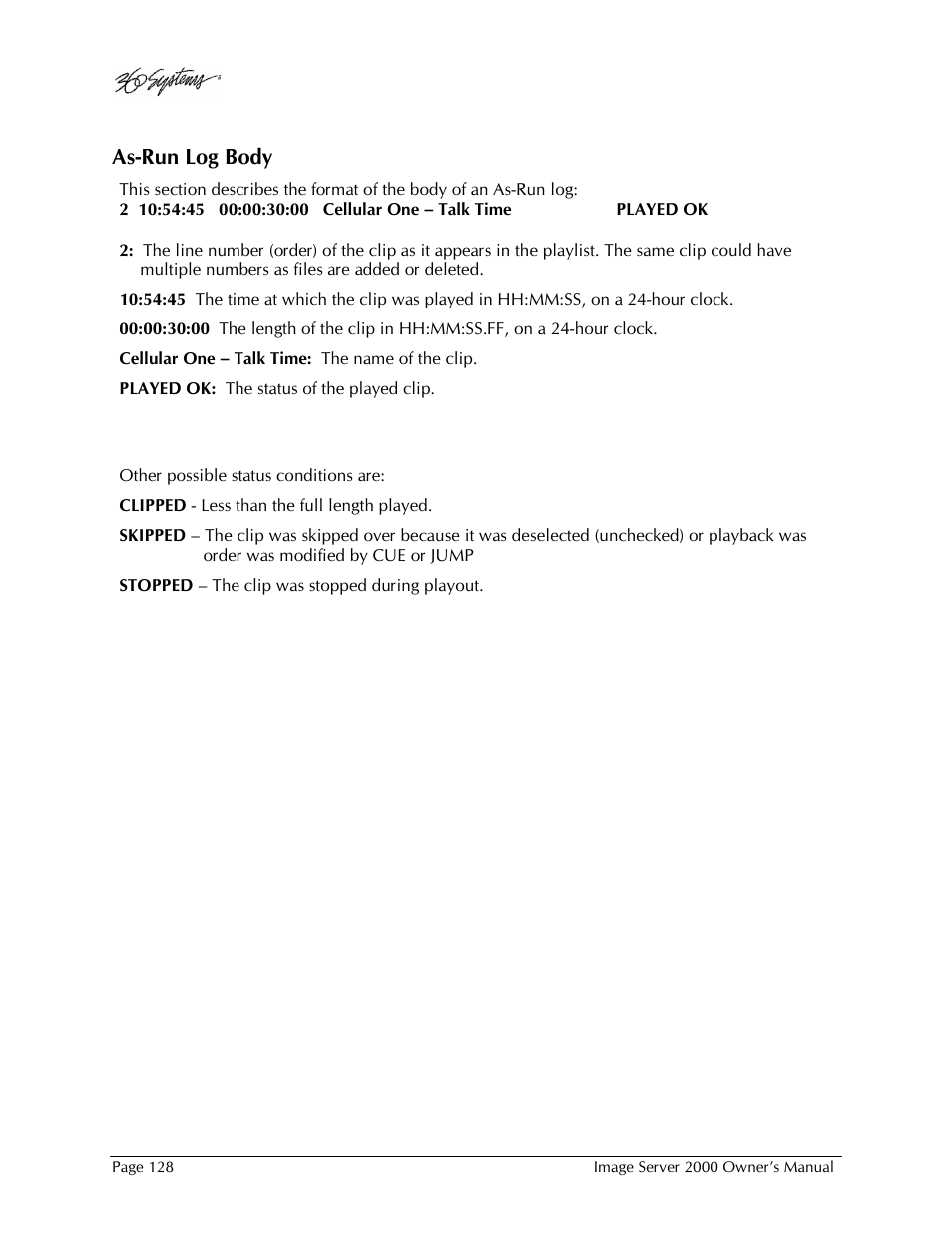 As-run log body | 360 Systems Image Server 2000 User Manual | Page 128 / 135