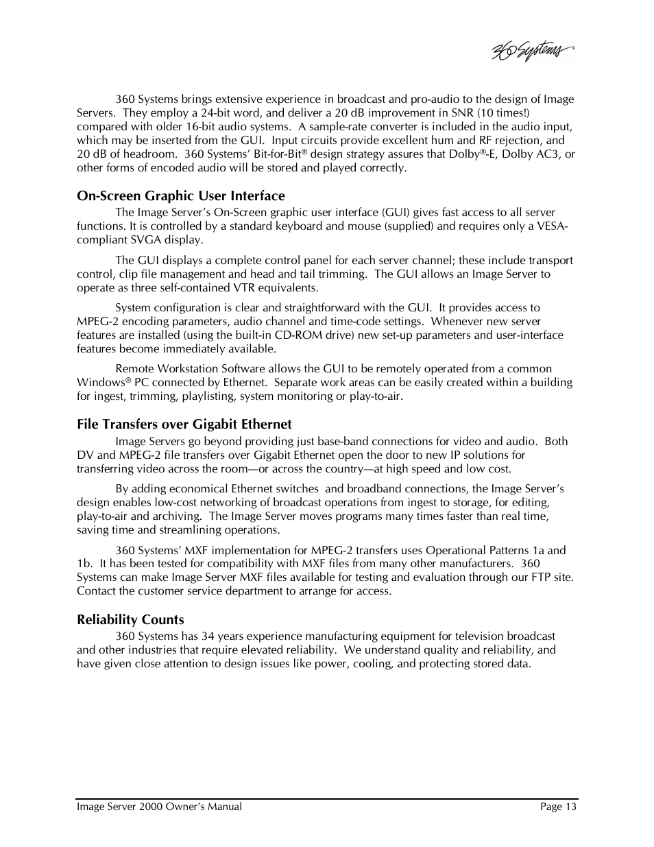 360 Systems Image Server 2000 User Manual | Page 13 / 135