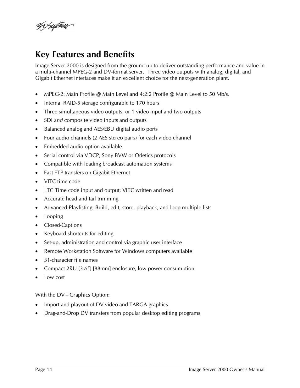 Key features and benefits | 360 Systems Image Server 2000 User Manual | Page 14 / 135