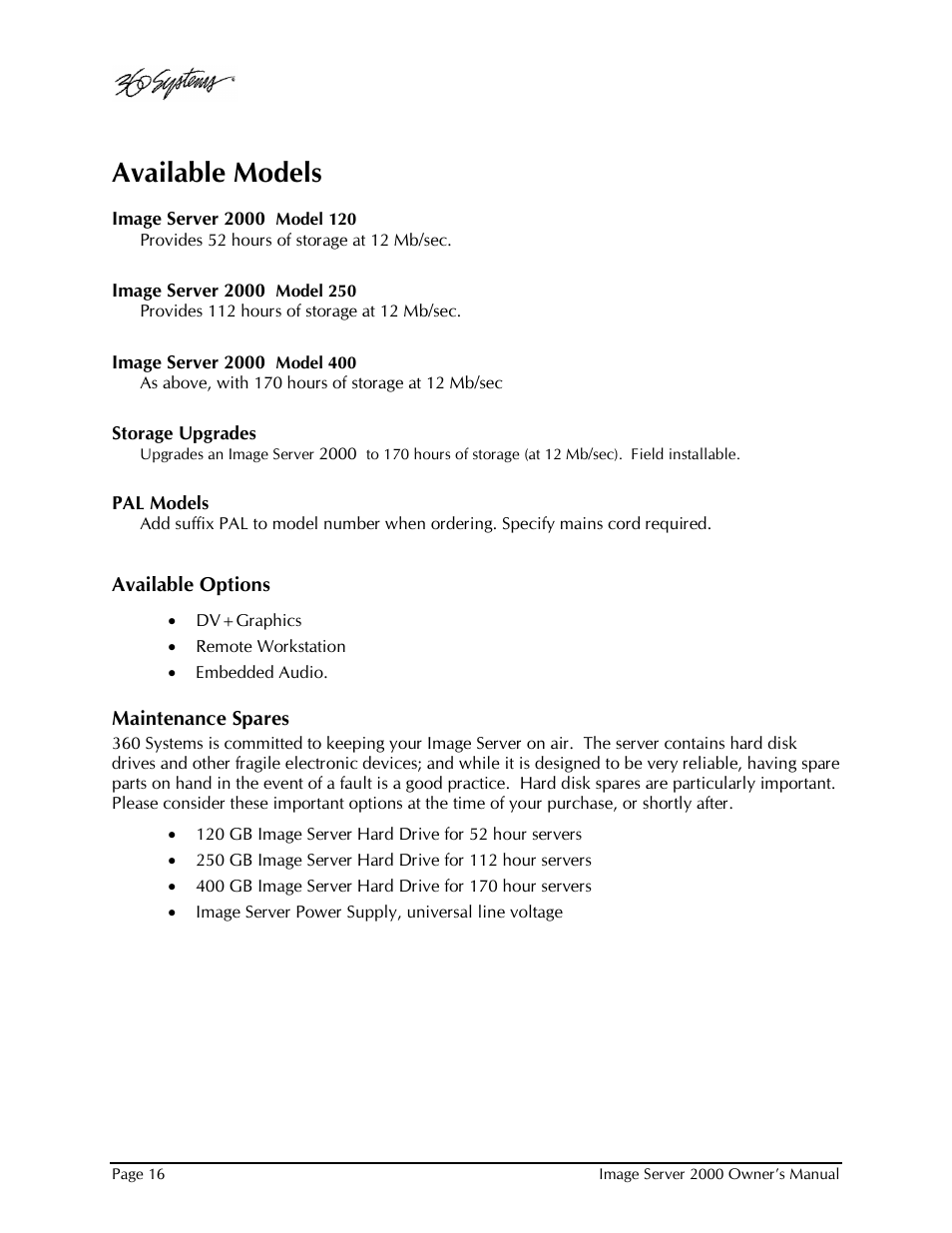 Available models | 360 Systems Image Server 2000 User Manual | Page 16 / 135