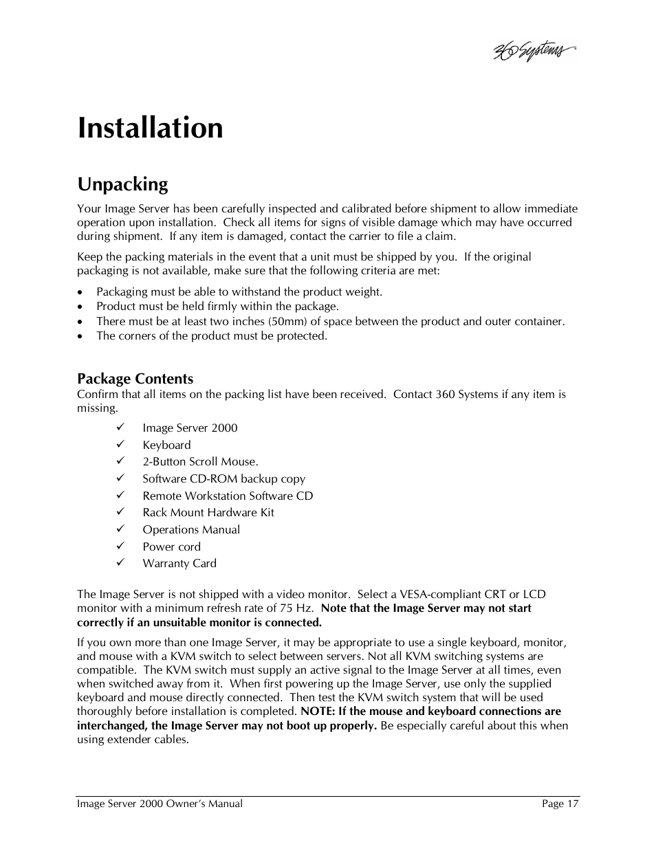 Installation, Unpacking | 360 Systems Image Server 2000 User Manual | Page 17 / 135
