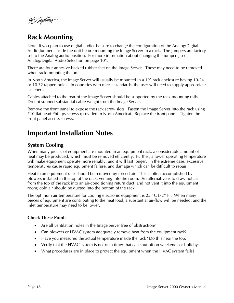 Rack mounting | 360 Systems Image Server 2000 User Manual | Page 18 / 135