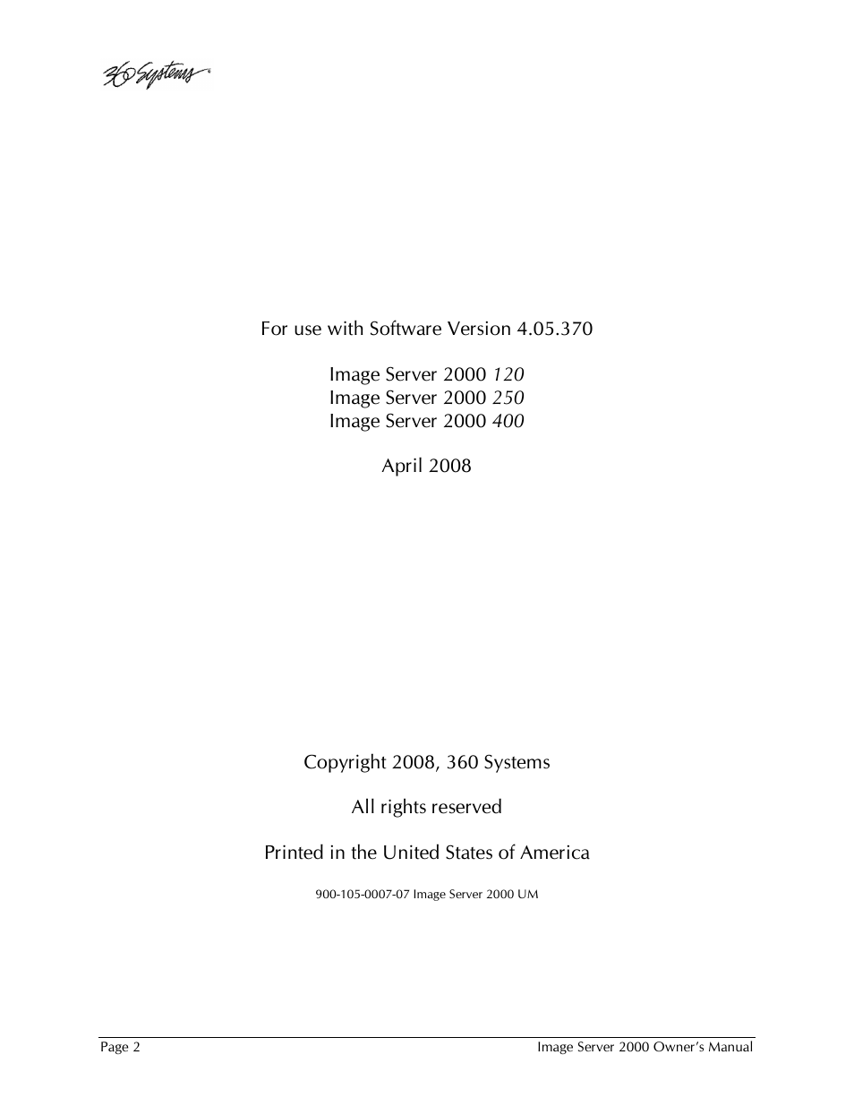 360 Systems Image Server 2000 User Manual | Page 2 / 135