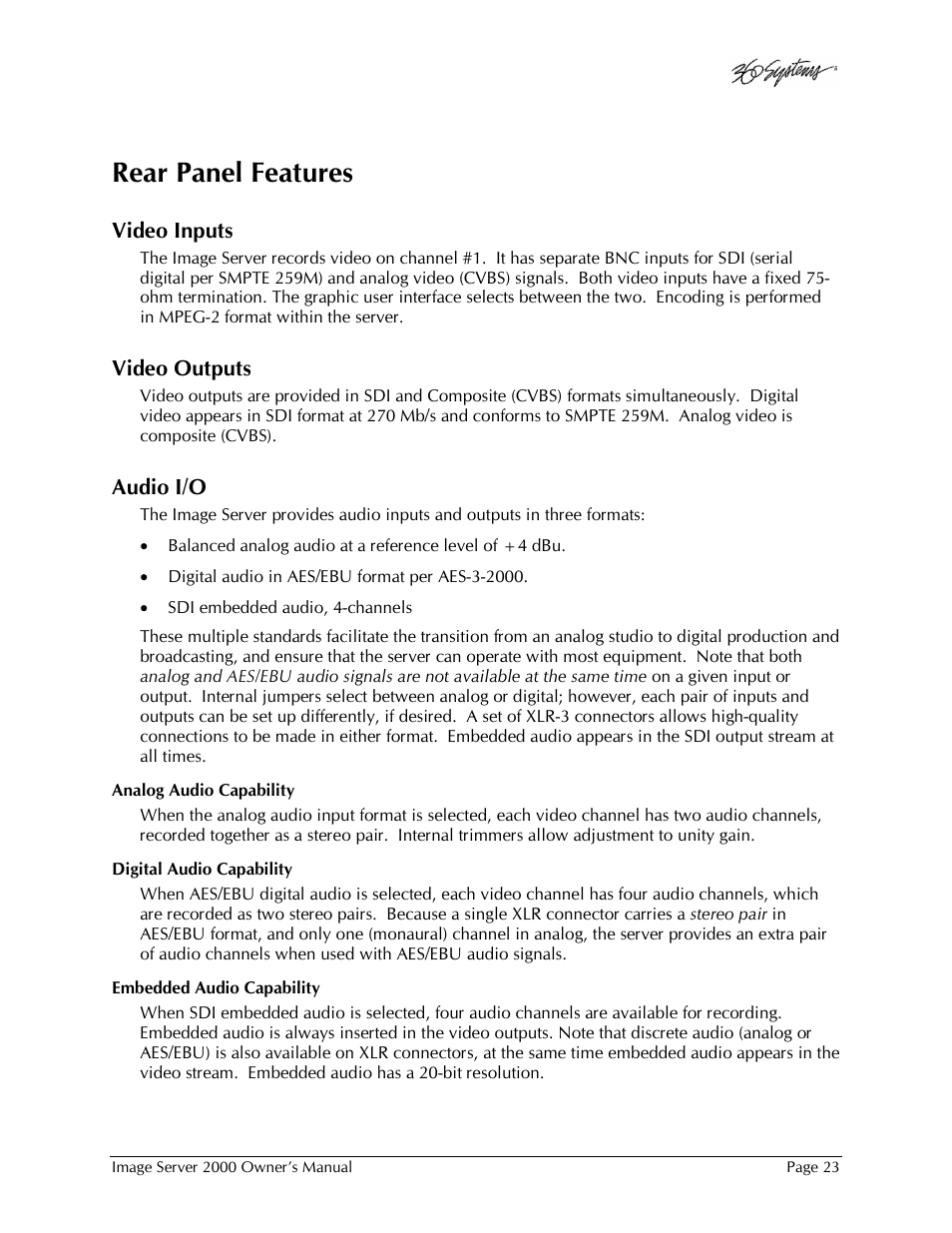 Rear panel features | 360 Systems Image Server 2000 User Manual | Page 23 / 135