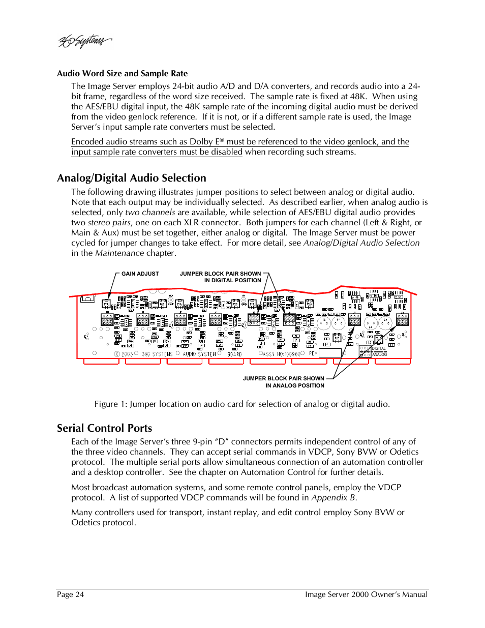 Analog/digital audio selection, Serial control ports | 360 Systems Image Server 2000 User Manual | Page 24 / 135
