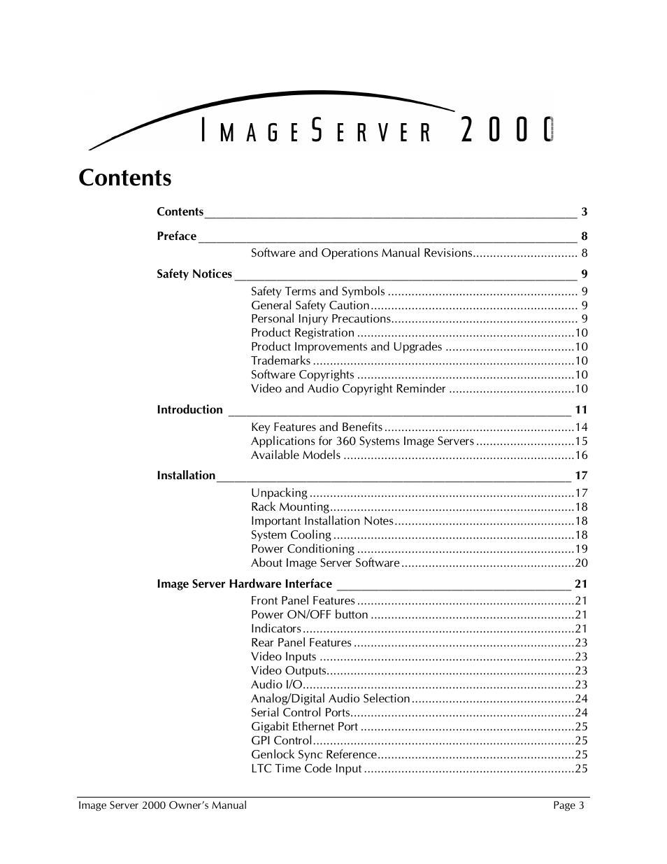 360 Systems Image Server 2000 User Manual | Page 3 / 135