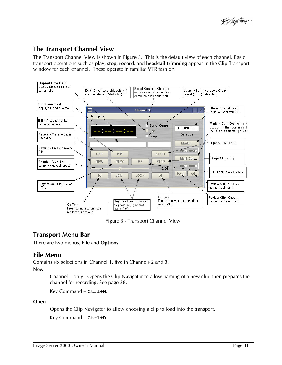 The transport channel view, Transport menu bar, File menu | 360 Systems Image Server 2000 User Manual | Page 31 / 135