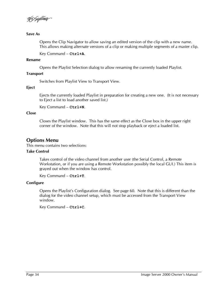 Options menu | 360 Systems Image Server 2000 User Manual | Page 34 / 135