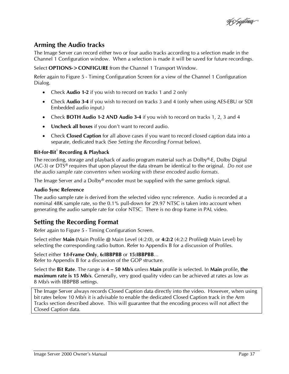 Arming the audio tracks, Setting the recording format | 360 Systems Image Server 2000 User Manual | Page 37 / 135