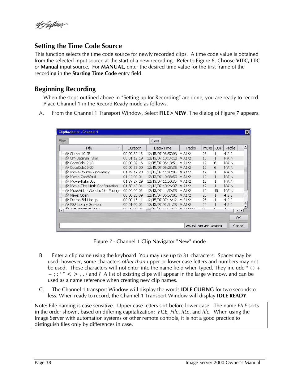 Setting the time code source, Beginning recording | 360 Systems Image Server 2000 User Manual | Page 38 / 135