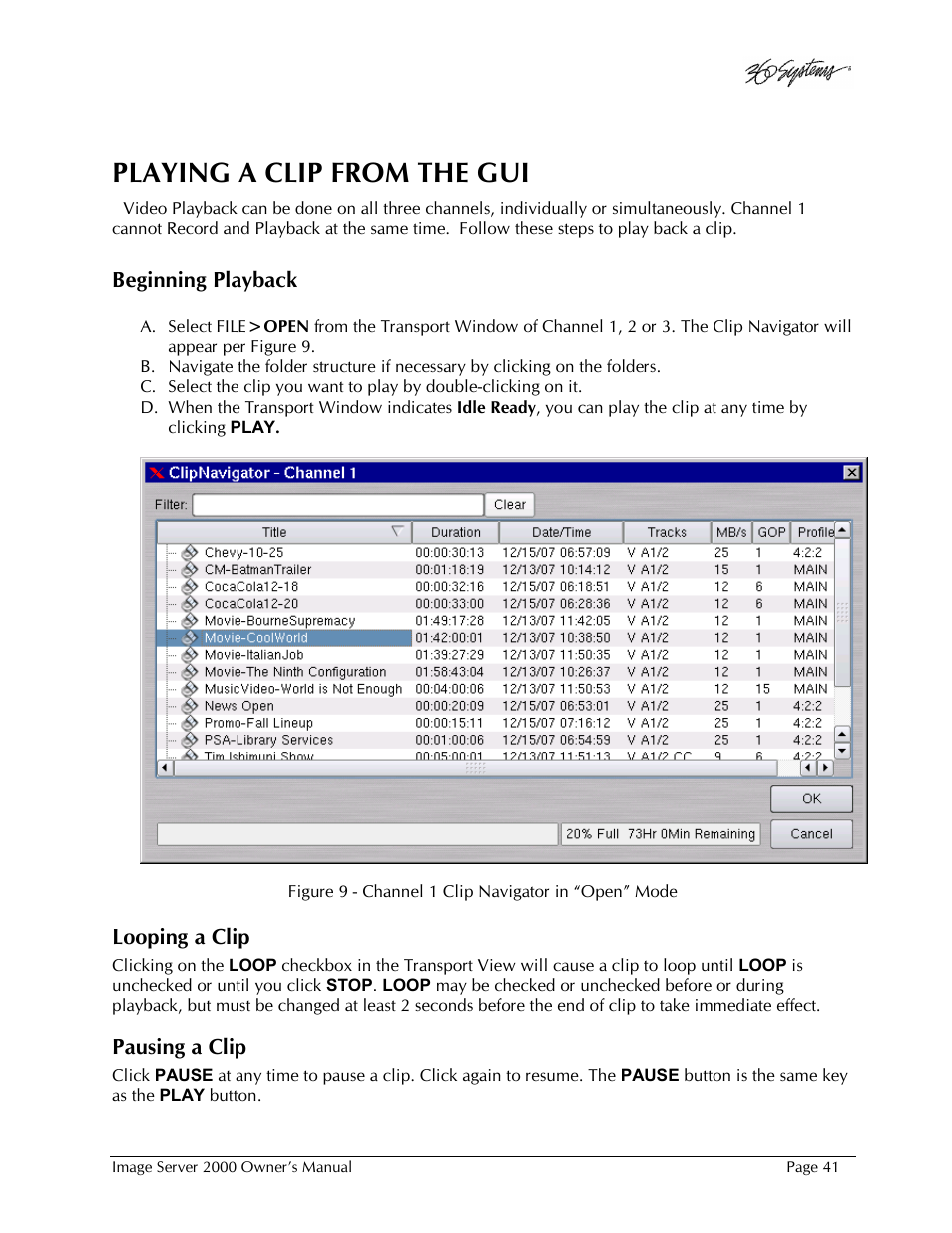Playing a clip from the gui | 360 Systems Image Server 2000 User Manual | Page 41 / 135