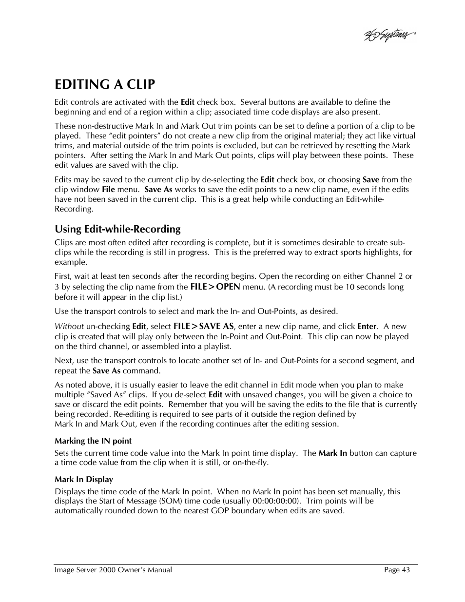 Editing a clip | 360 Systems Image Server 2000 User Manual | Page 43 / 135