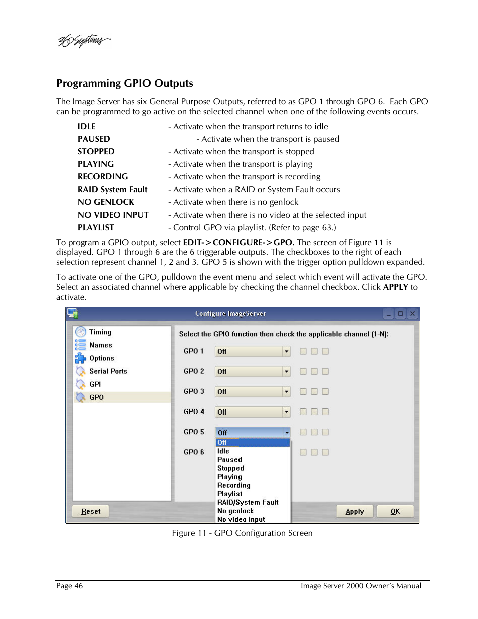 Programming gpio outputs | 360 Systems Image Server 2000 User Manual | Page 46 / 135