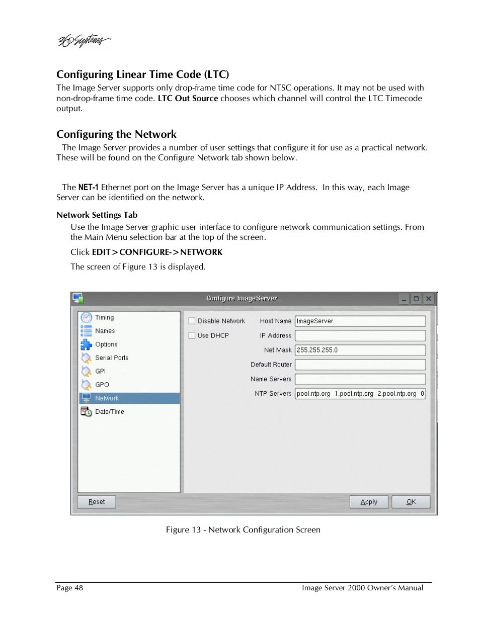 Configuring linear time code (ltc), Configuring the network | 360 Systems Image Server 2000 User Manual | Page 48 / 135