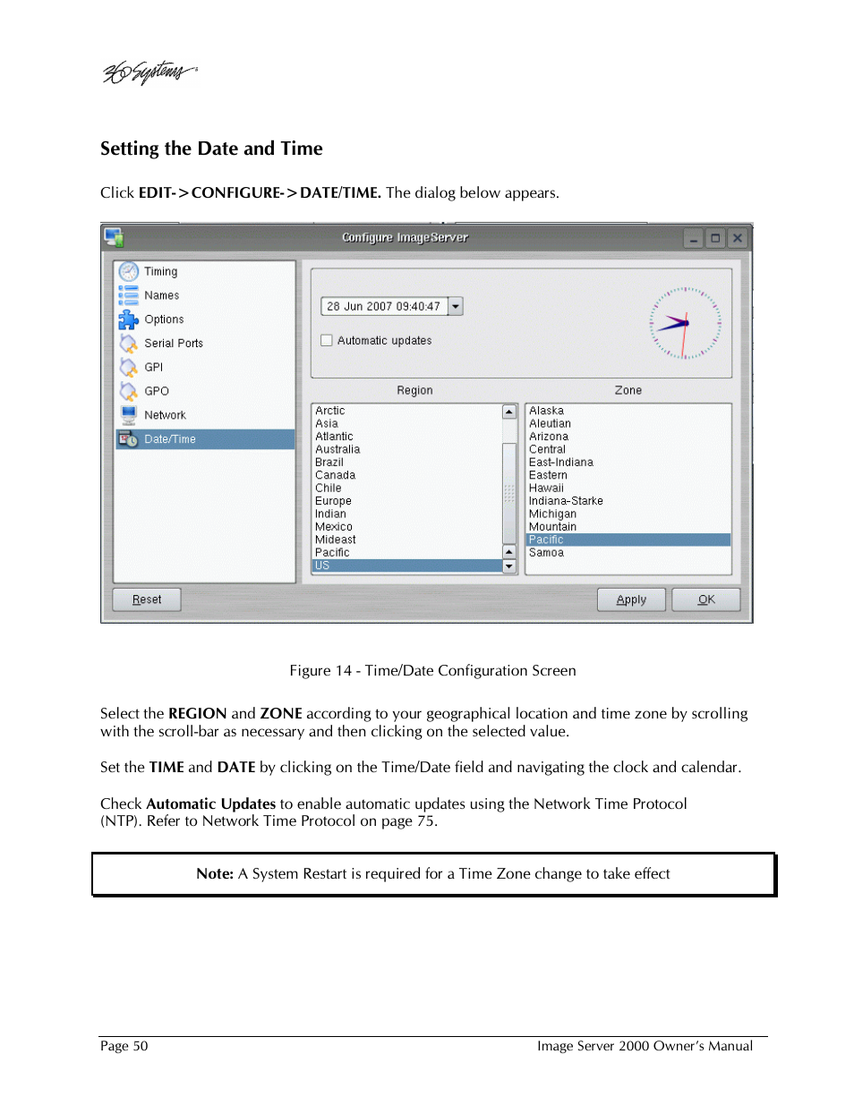 Setting the date and time | 360 Systems Image Server 2000 User Manual | Page 50 / 135