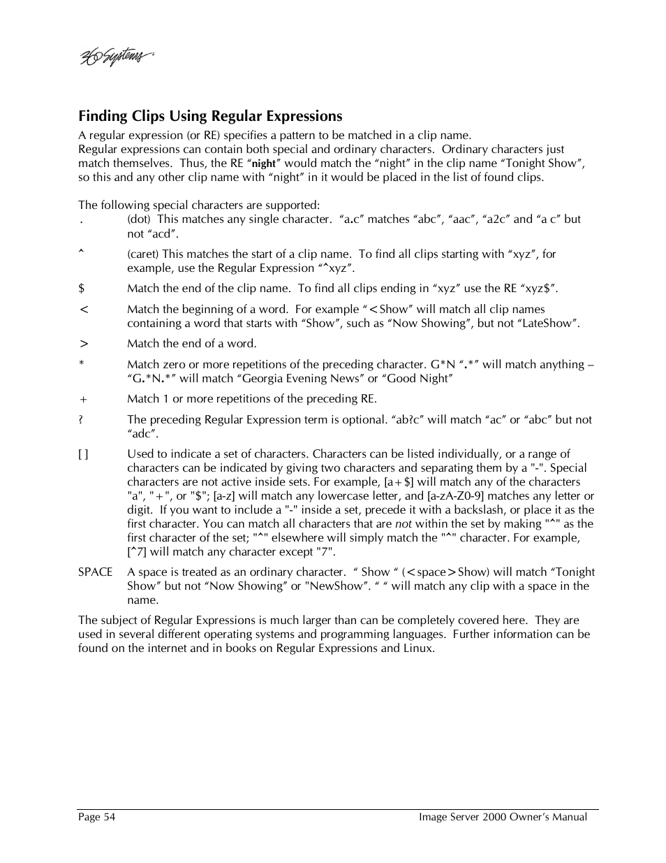 Finding clips using regular expressions | 360 Systems Image Server 2000 User Manual | Page 54 / 135